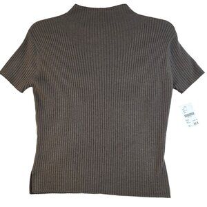 GETT XL Chocolate Brown Ribbed Wool Mock Neck Slit Hem Short-Sleeve Sweater